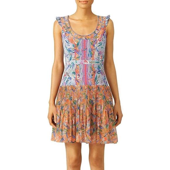 Saloni Elodie Dress Silk Lunar Flight Tropical Bird Print Pleated Mini Multi 8 - Picture 1 of 8